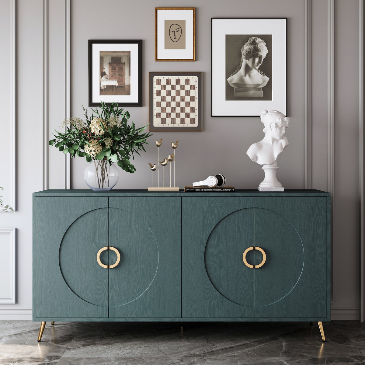 60" Italian Luxury Dark Green Wood Grain Sideboard Cabinet, 4-Door Round Embossed Buffet Storage Credenza, Modern Entryway Console Cupboard with Gold Metal Handles, Dark Green - Sonkuki