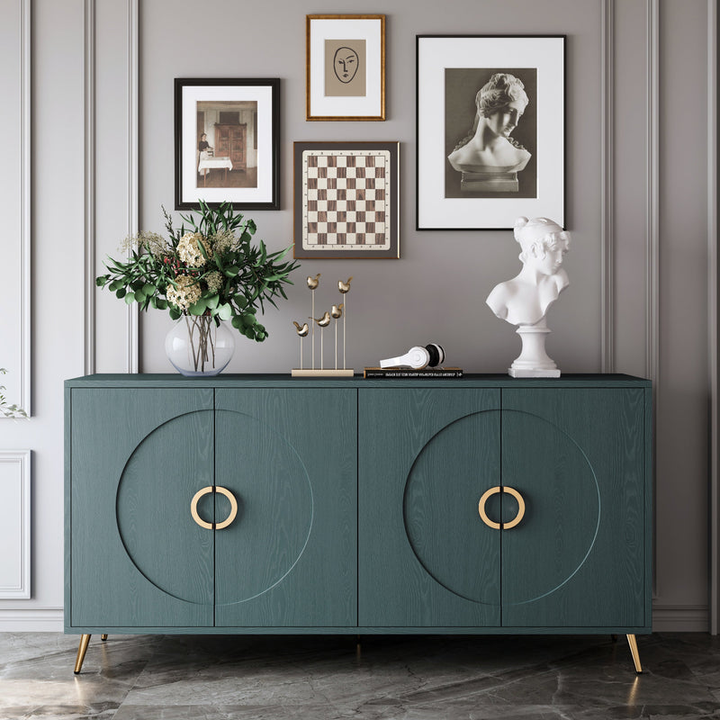 60" Italian Luxury Dark Green Wood Grain Sideboard Cabinet, 4-Door Round Embossed Buffet Storage Credenza, Modern Entryway Console Cupboard with Gold Metal Handles, Dark Green - Sonkuki