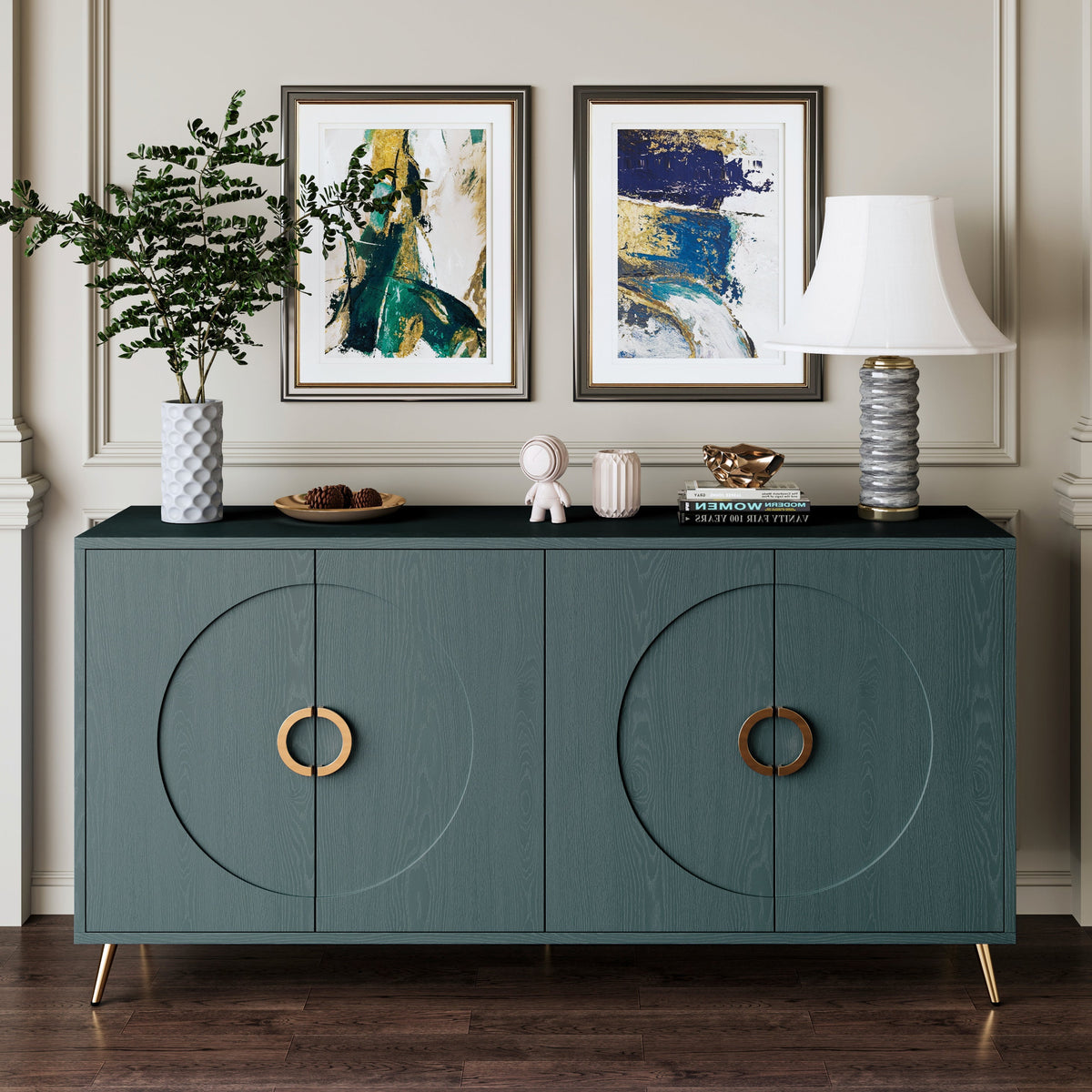 60" Italian Luxury Dark Green Wood Grain Sideboard Cabinet, 4-Door Round Embossed Buffet Storage Credenza, Modern Entryway Console Cupboard with Gold Metal Handles, Dark Green - Sonkuki