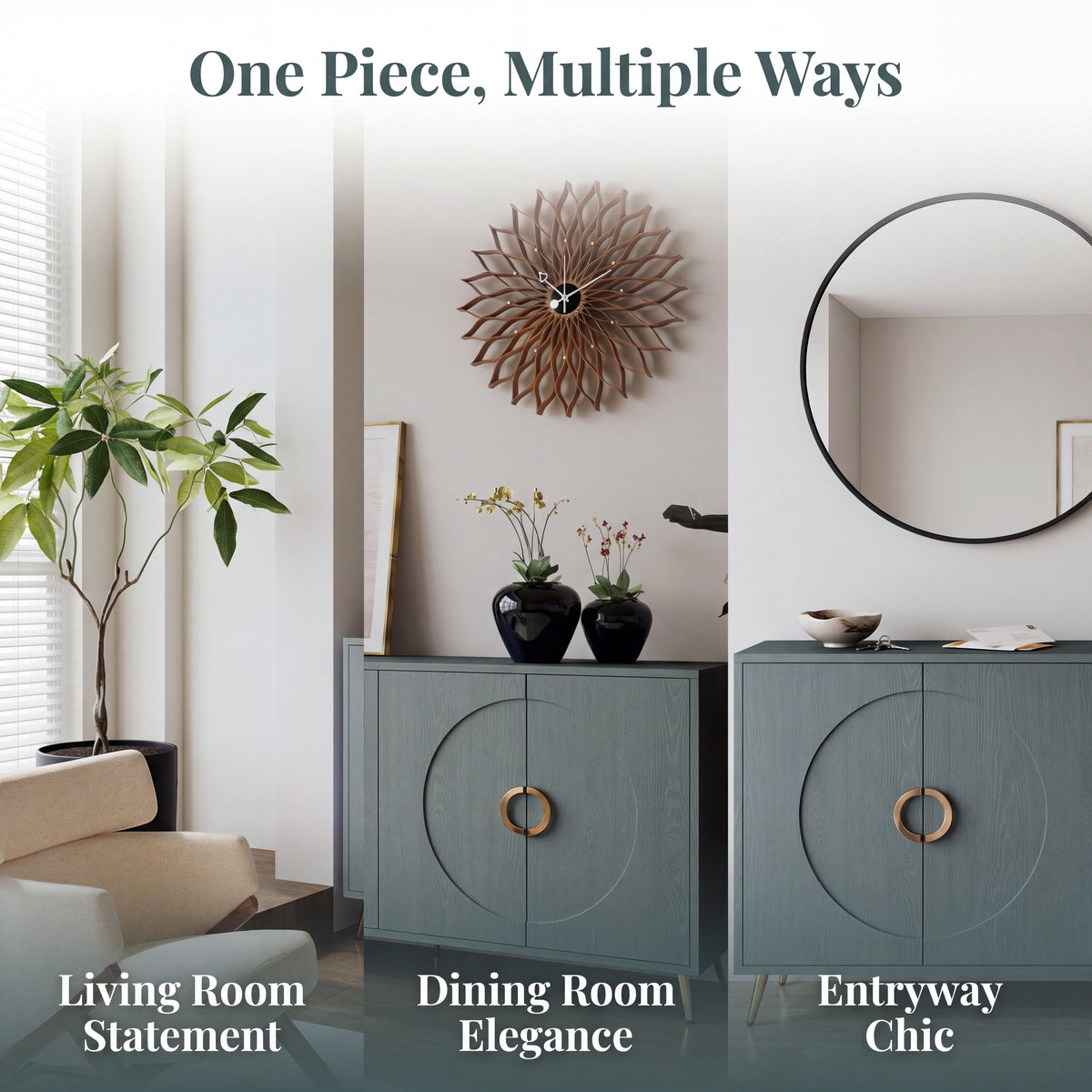 60" Italian Luxury Dark Green Wood Grain Sideboard Cabinet, 4-Door Round Embossed Buffet Storage Credenza, Modern Entryway Console Cupboard with Gold Metal Handles, Dark Green - Sonkuki