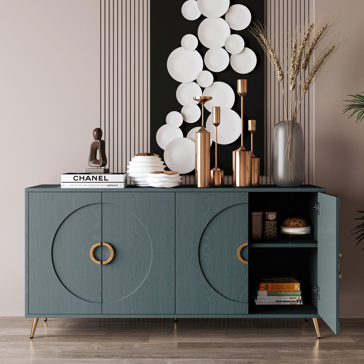 60" Italian Luxury Dark Green Wood Grain Sideboard Cabinet, 4-Door Round Embossed Buffet Storage Credenza, Modern Entryway Console Cupboard with Gold Metal Handles, Dark Green - Sonkuki