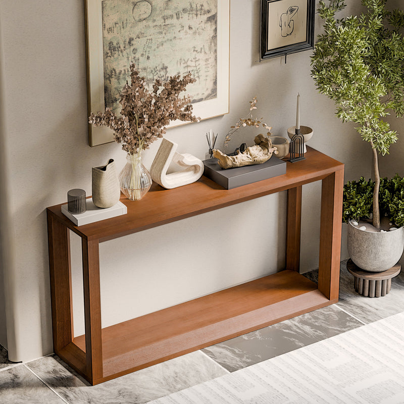 60" Rectangular Solid Wood Veneer Console Table, Wide Sofa Table, Behind Couch Table with Ample Storage for Entryway & Living Room - Sonkuki