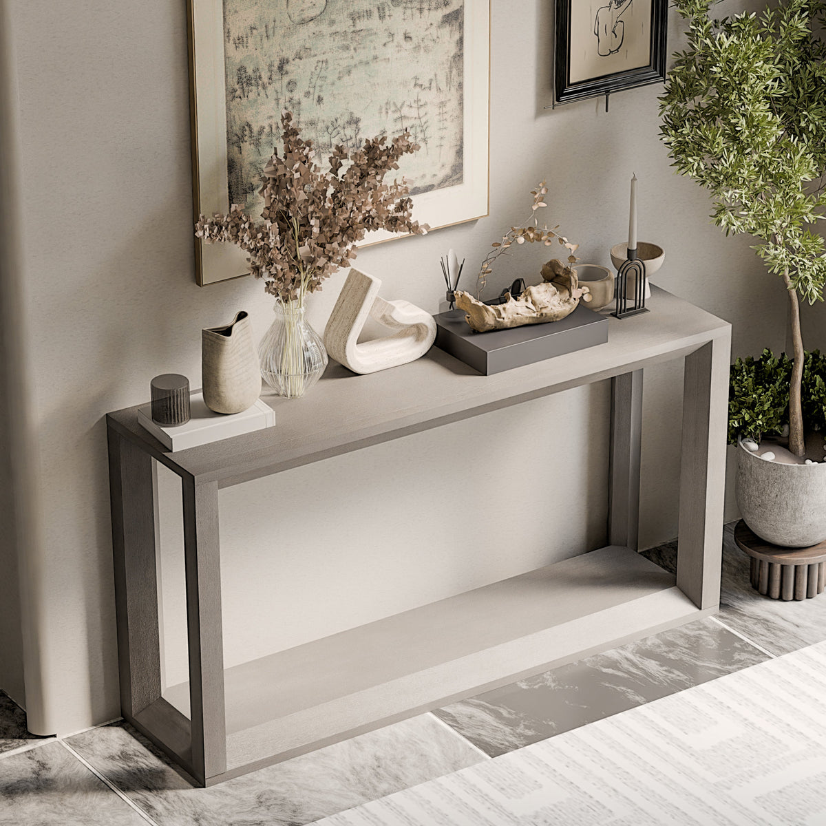 60" Rectangular Solid Wood Veneer Console Table, Wide Sofa Table, Behind Couch Table with Ample Storage for Entryway & Living Room - Sonkuki