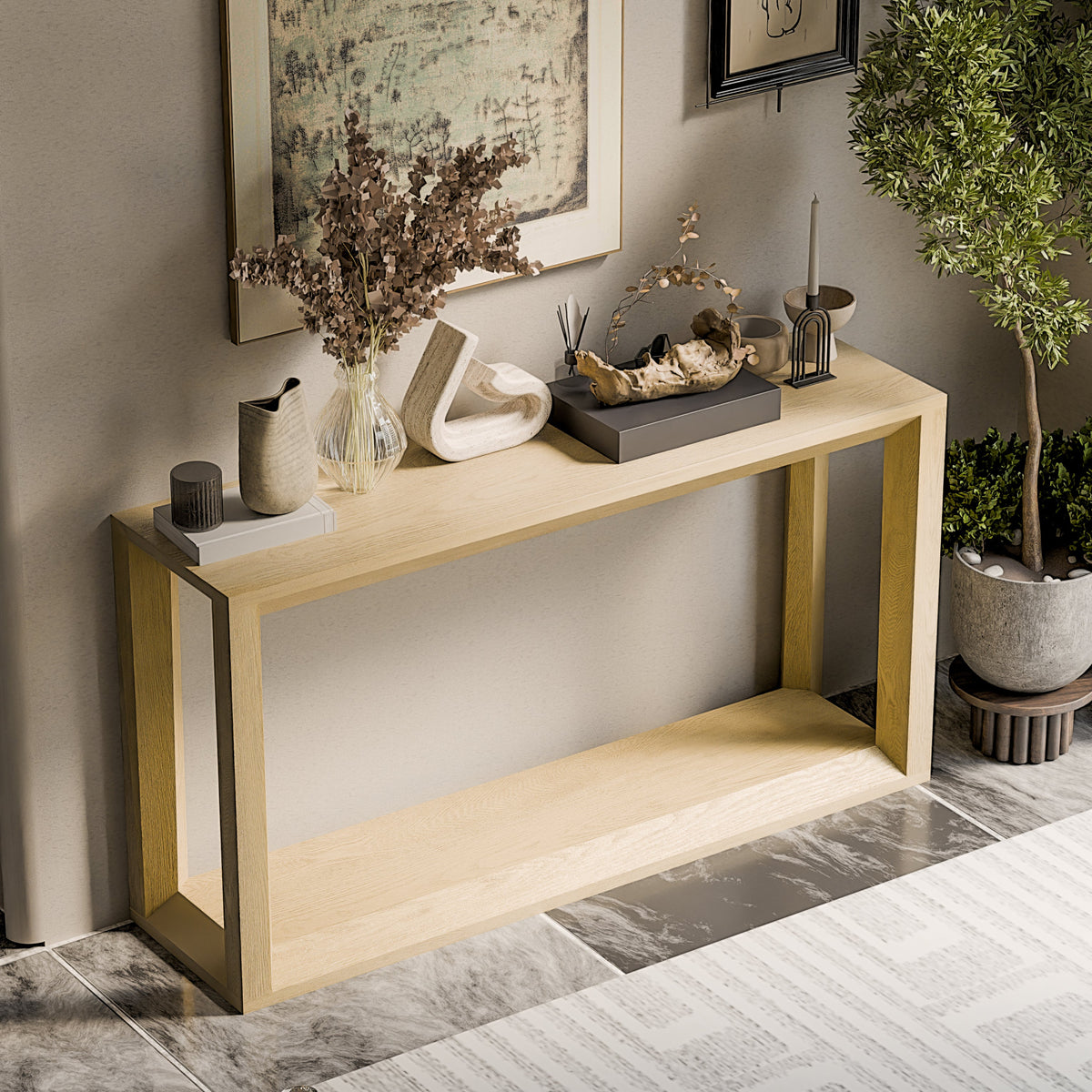 60" Rectangular Solid Wood Veneer Console Table, Wide Sofa Table, Behind Couch Table with Ample Storage for Entryway & Living Room - Sonkuki