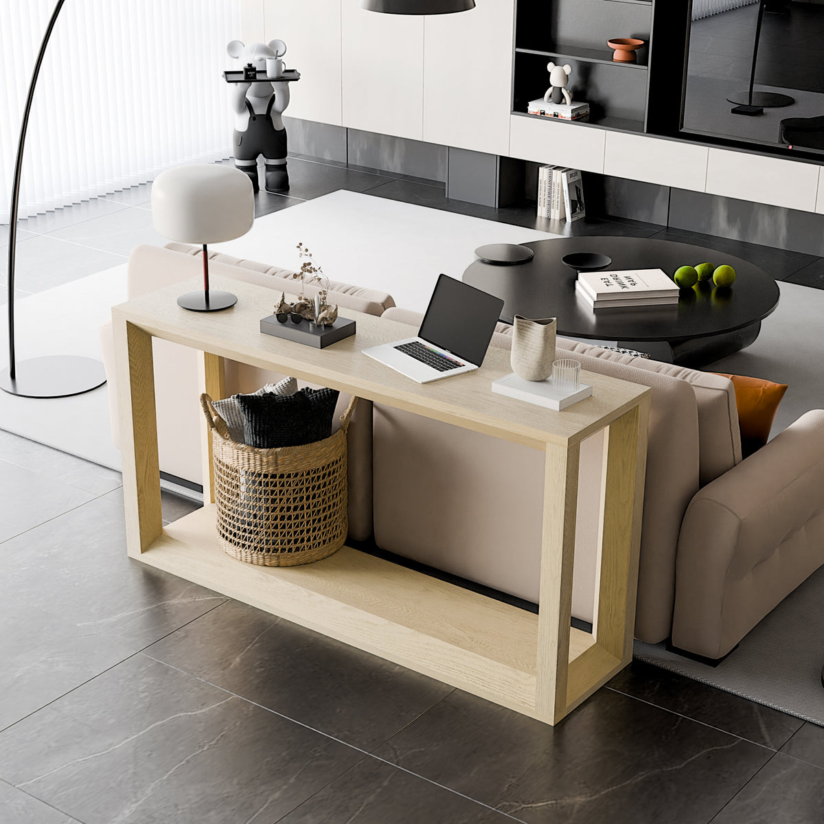 60" Rectangular Solid Wood Veneer Console Table, Wide Sofa Table, Behind Couch Table with Ample Storage for Entryway & Living Room - Sonkuki