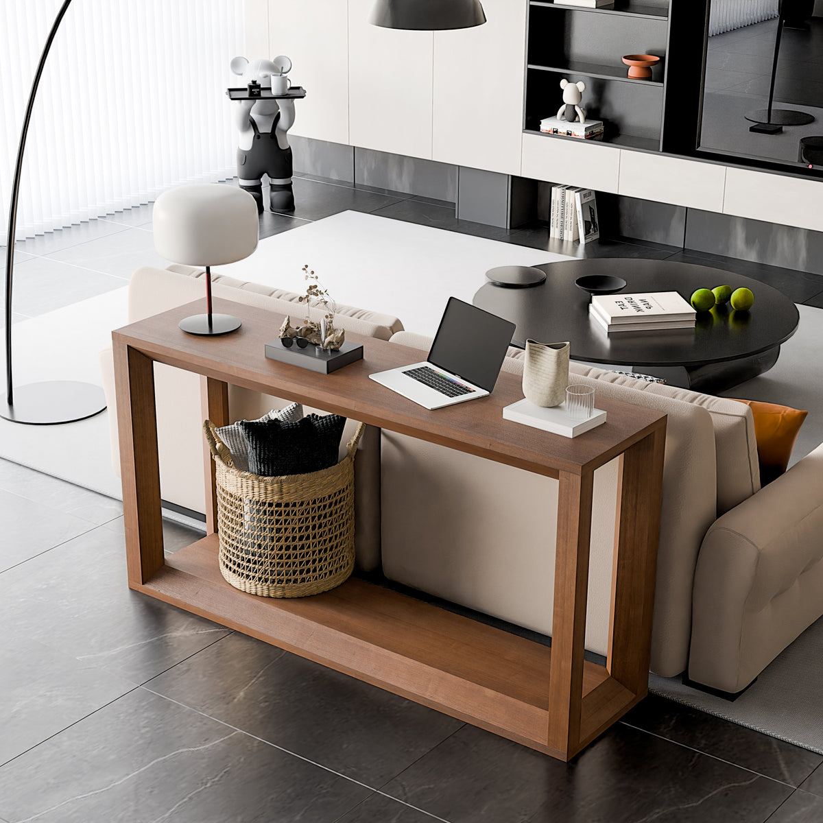 60" Rectangular Solid Wood Veneer Console Table, Wide Sofa Table, Behind Couch Table with Ample Storage for Entryway & Living Room - Sonkuki