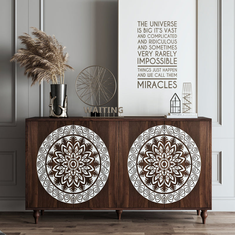 60" Vintage Mandala Carved Walnut Grain Sideboard, 4 Door Boho Buffet Cabinet, Mid-Century Elevated Legs Storage Credenza for Entryway, Dining Room, Living Room - Sonkuki