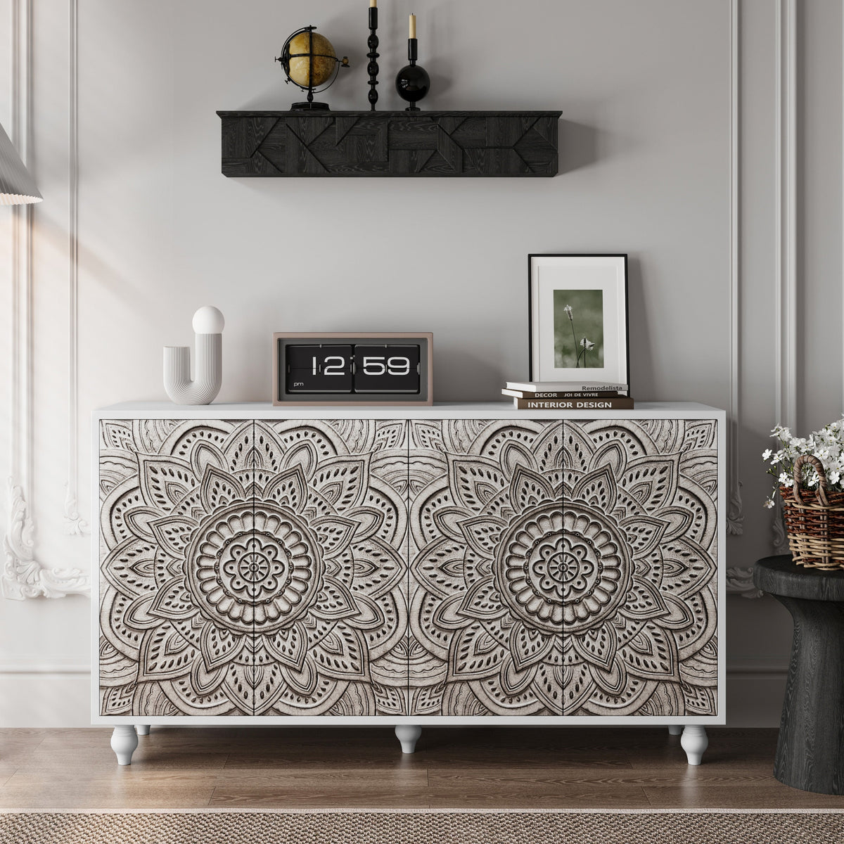 60" Vintage Mandala Carved Walnut Grain Sideboard, 4 Door Boho Buffet Cabinet, Mid-Century Elevated Legs Storage Credenza for Entryway, Dining Room, Living Room - Sonkuki