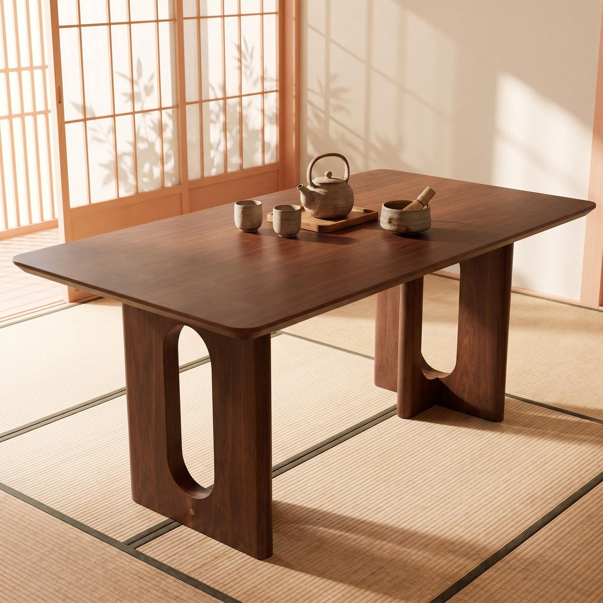 62.9-inch rectangular solid wood dining table; a minimalist, modern design suitable for kitchens, dining rooms and living rooms, in walnut finish - Sonkuki