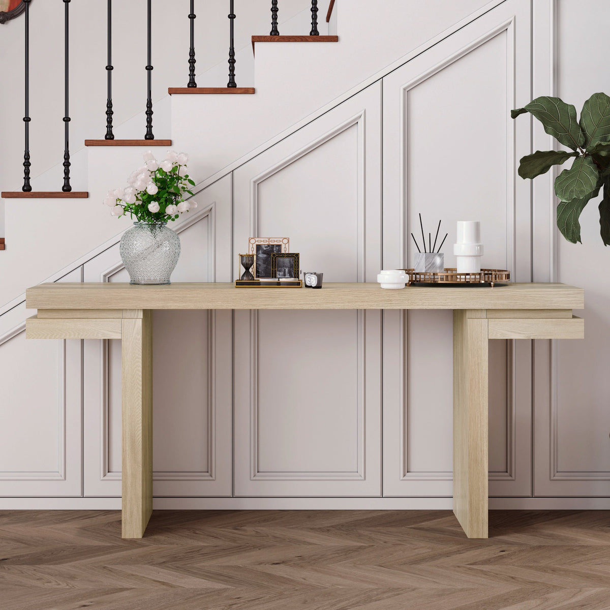 66" Extra Wide Real Wood Veneered Console Table, Minimalist Sofa Table Behind Couch for Entryway, Hallway, Living Room, Home Office - Sonkuki