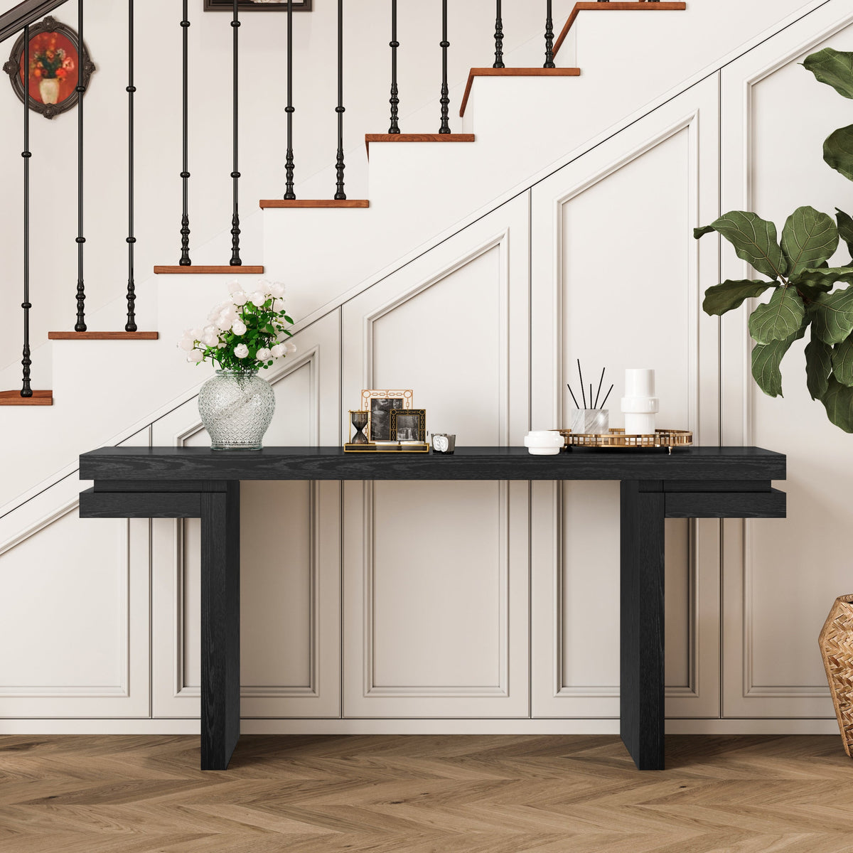 66" Extra Wide Real Wood Veneered Console Table, Minimalist Sofa Table Behind Couch for Entryway, Hallway, Living Room, Home Office - Sonkuki