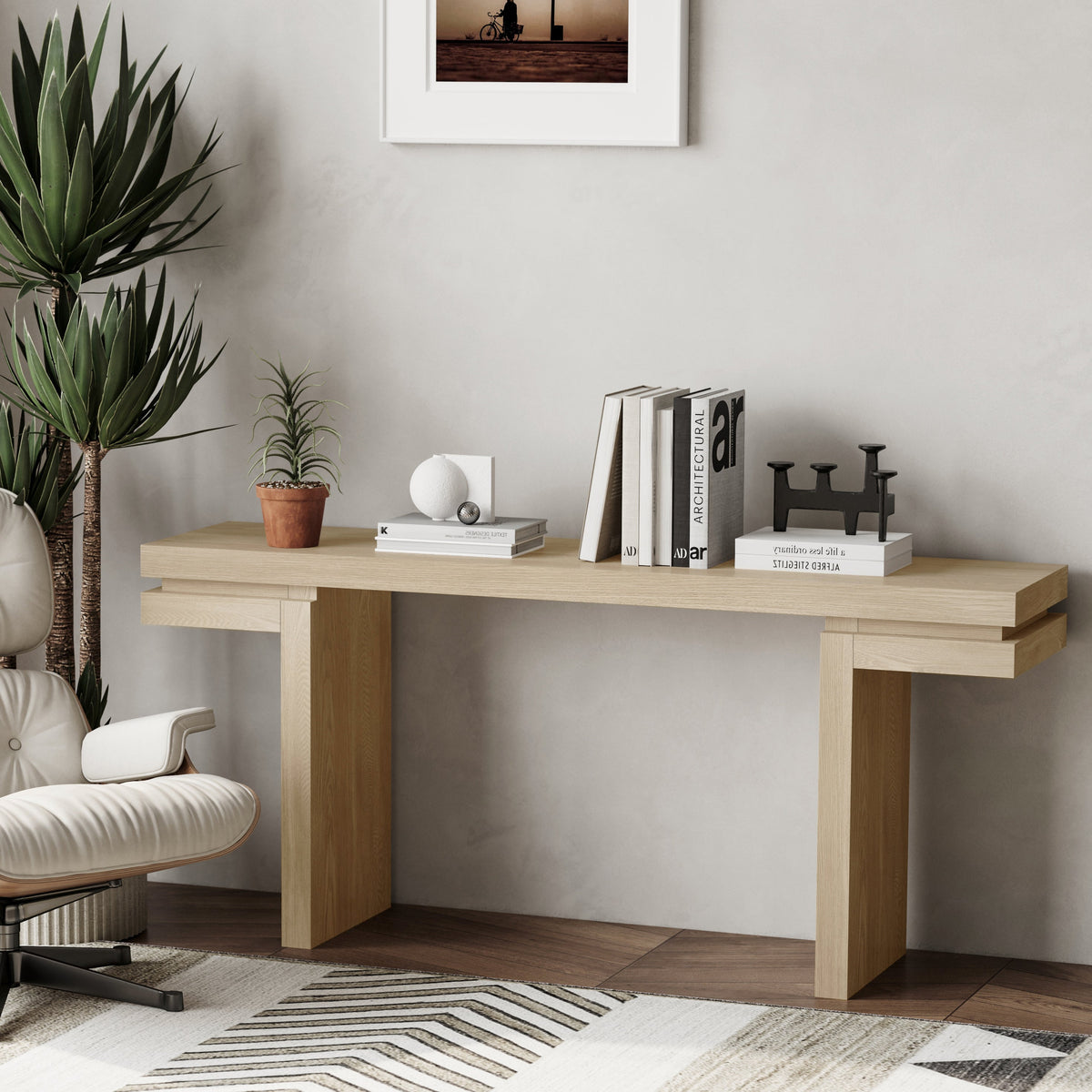 66" Extra Wide Real Wood Veneered Console Table, Minimalist Sofa Table Behind Couch for Entryway, Hallway, Living Room, Home Office - Sonkuki