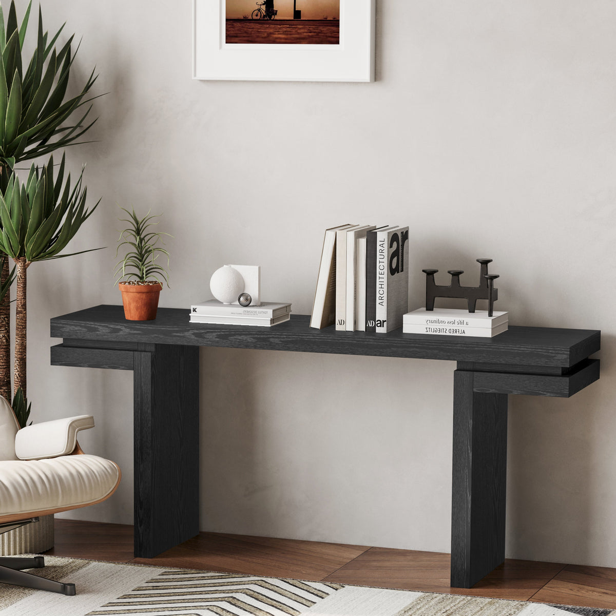 66" Extra Wide Real Wood Veneered Console Table, Minimalist Sofa Table Behind Couch for Entryway, Hallway, Living Room, Home Office - Sonkuki