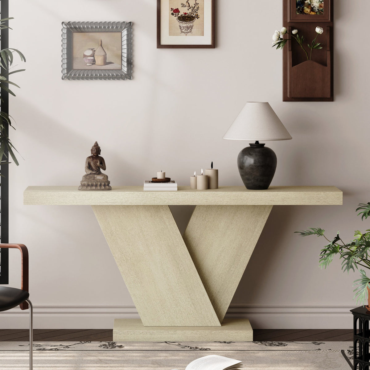 66" L Modern X-Leg Console Table with Solid Wood Veneer, Sturdy Entryway Hallway Table for Small Space, Mid-Century Narrow Sofa Table with Geometric Design & Wide Top - Sonkuki