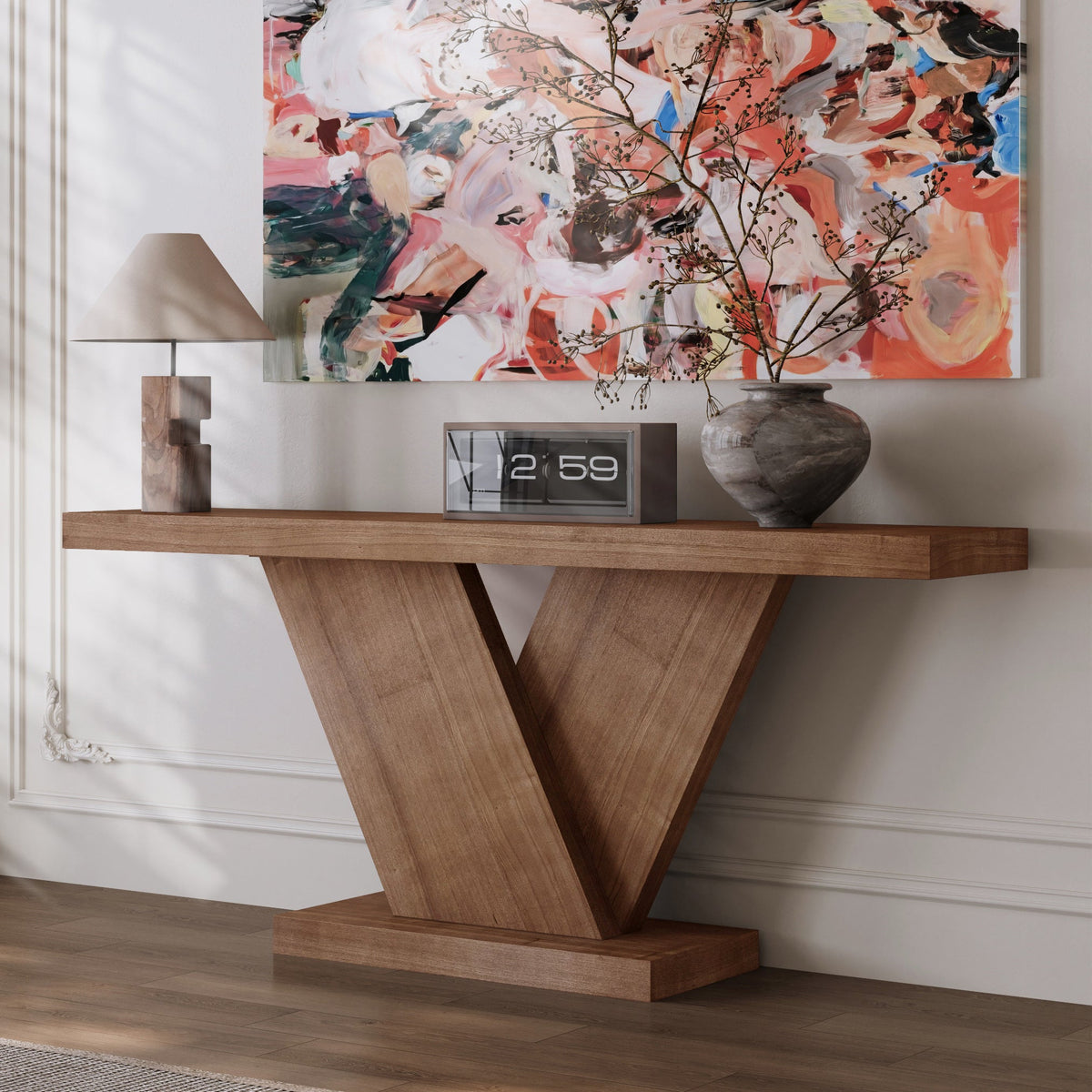 66" L Modern X-Leg Console Table with Solid Wood Veneer, Sturdy Entryway Hallway Table for Small Space, Mid-Century Narrow Sofa Table with Geometric Design & Wide Top - Sonkuki
