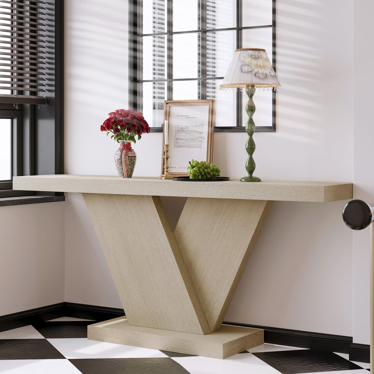 66" L Modern X-Leg Console Table with Solid Wood Veneer, Sturdy Entryway Hallway Table for Small Space, Mid-Century Narrow Sofa Table with Geometric Design & Wide Top - Sonkuki