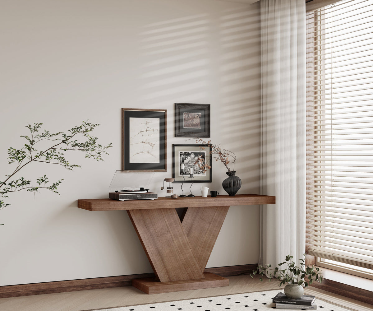66" L Modern X-Leg Console Table with Solid Wood Veneer, Sturdy Entryway Hallway Table for Small Space, Mid-Century Narrow Sofa Table with Geometric Design & Wide Top - Sonkuki