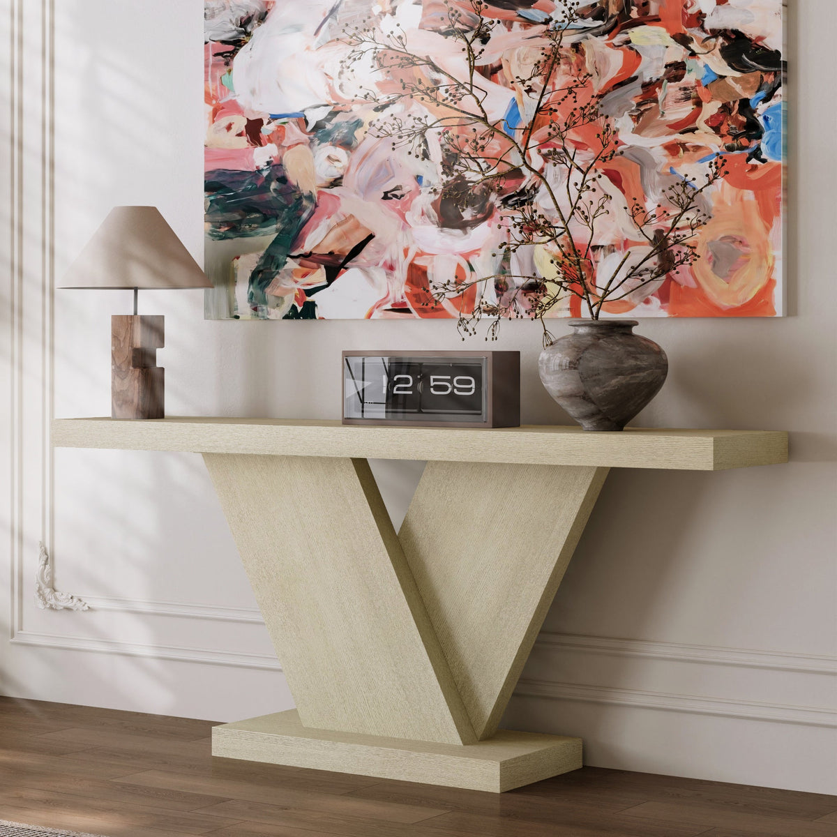 66" L Modern X-Leg Console Table with Solid Wood Veneer, Sturdy Entryway Hallway Table for Small Space, Mid-Century Narrow Sofa Table with Geometric Design & Wide Top - Sonkuki