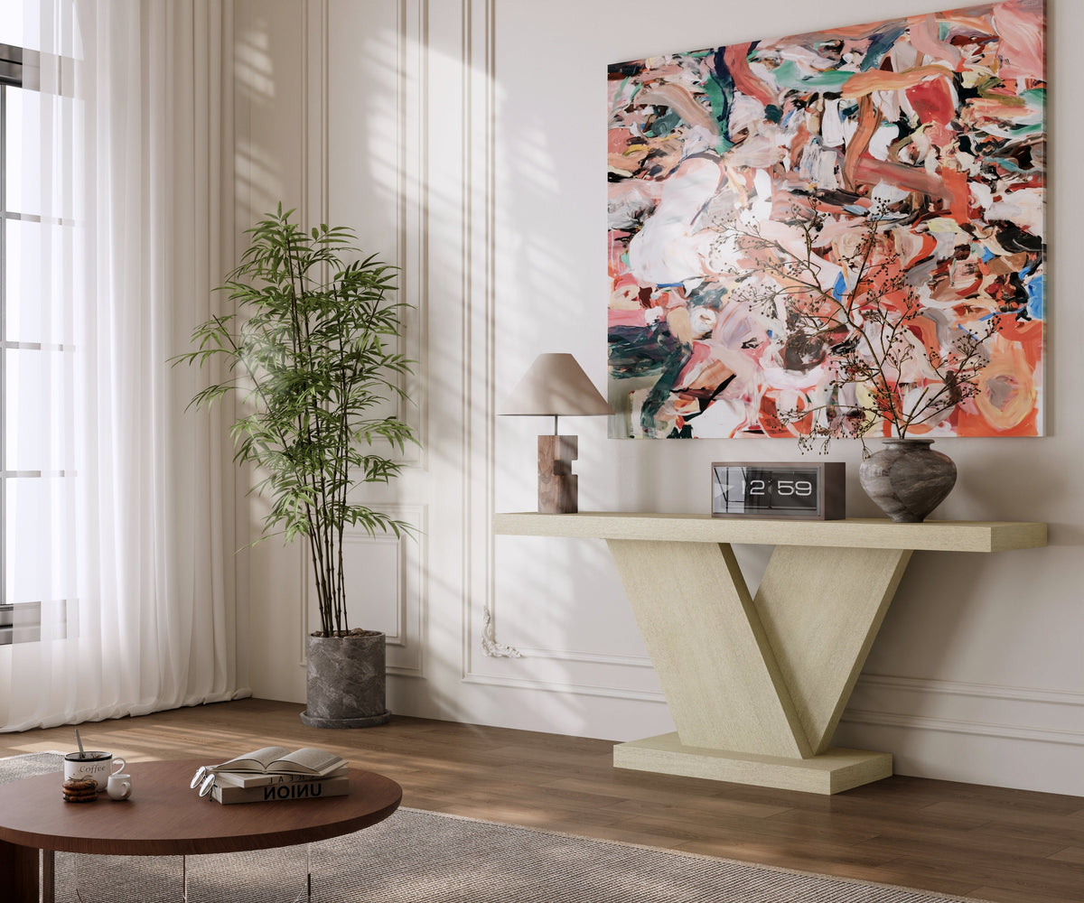 66" L Modern X-Leg Console Table with Solid Wood Veneer, Sturdy Entryway Hallway Table for Small Space, Mid-Century Narrow Sofa Table with Geometric Design & Wide Top - Sonkuki