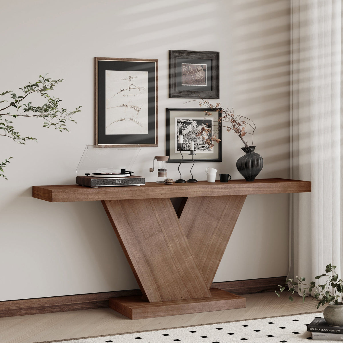 66" L Modern X-Leg Console Table with Solid Wood Veneer, Sturdy Entryway Hallway Table for Small Space, Mid-Century Narrow Sofa Table with Geometric Design & Wide Top - Sonkuki
