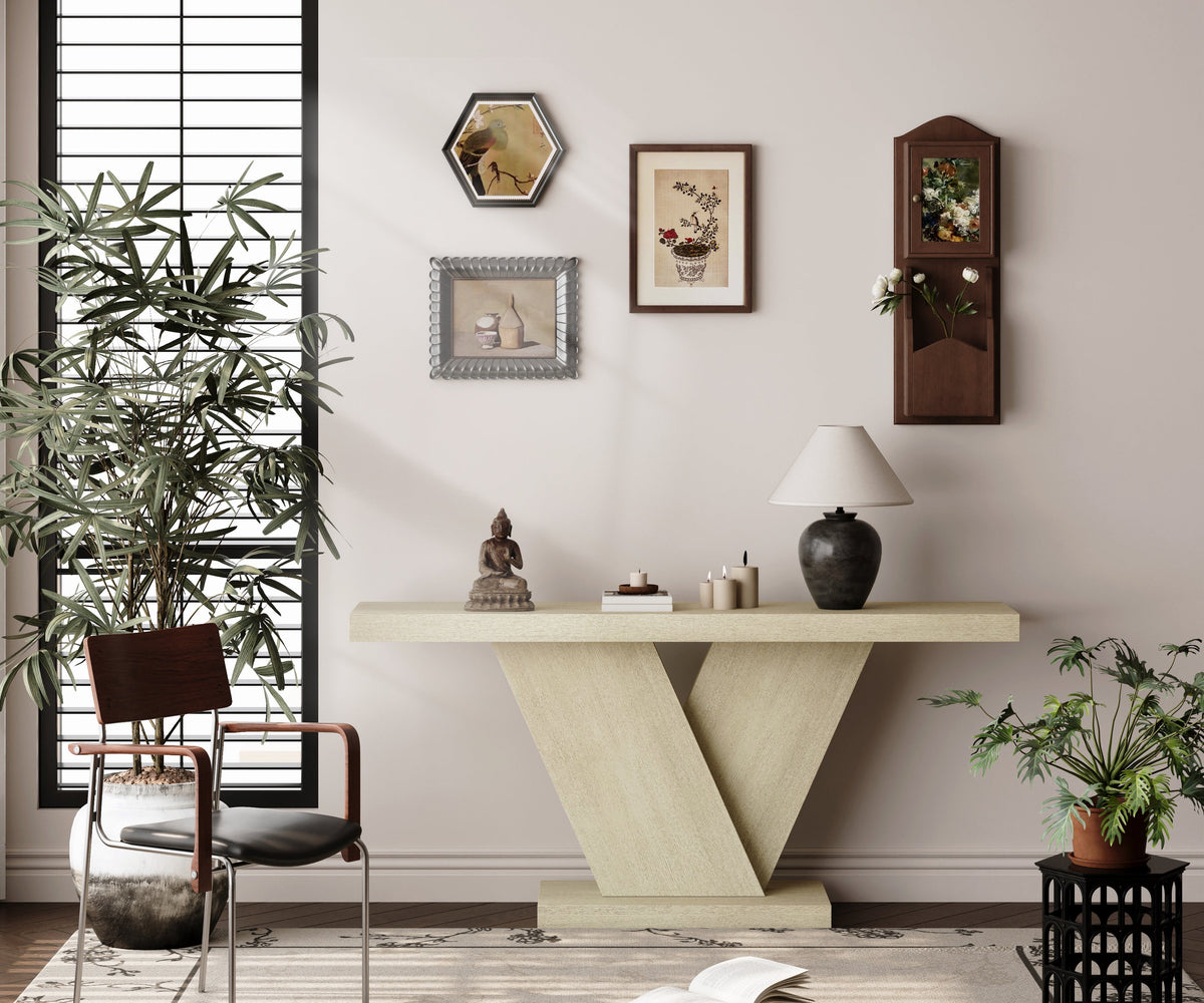 66" L Modern X-Leg Console Table with Solid Wood Veneer, Sturdy Entryway Hallway Table for Small Space, Mid-Century Narrow Sofa Table with Geometric Design & Wide Top - Sonkuki