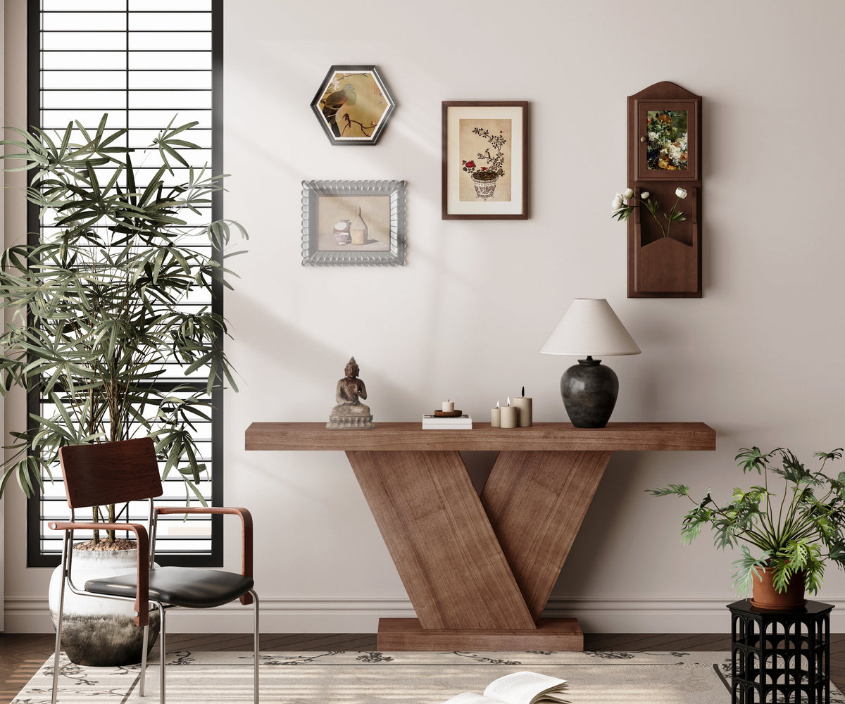 66" L Modern X-Leg Console Table with Solid Wood Veneer, Sturdy Entryway Hallway Table for Small Space, Mid-Century Narrow Sofa Table with Geometric Design & Wide Top - Sonkuki
