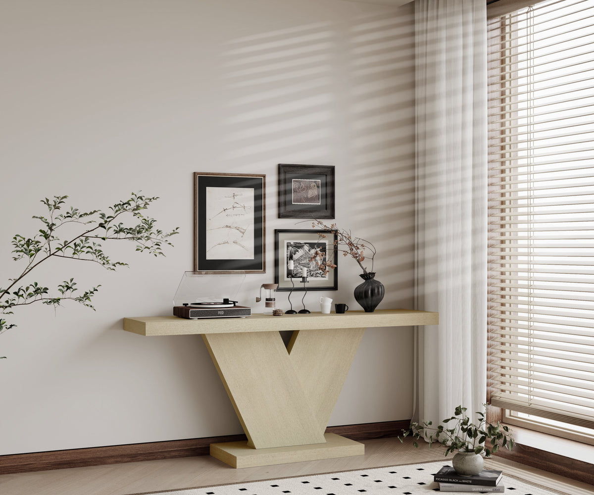 66" L Modern X-Leg Console Table with Solid Wood Veneer, Sturdy Entryway Hallway Table for Small Space, Mid-Century Narrow Sofa Table with Geometric Design & Wide Top - Sonkuki