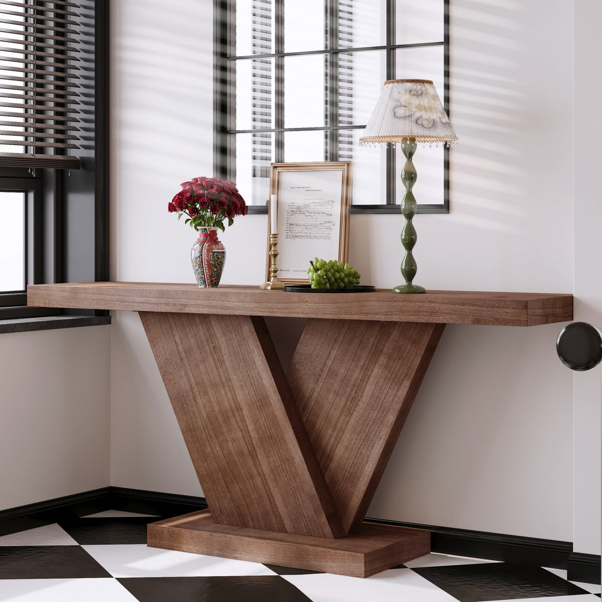 66" L Modern X-Leg Console Table with Solid Wood Veneer, Sturdy Entryway Hallway Table for Small Space, Mid-Century Narrow Sofa Table with Geometric Design & Wide Top - Sonkuki