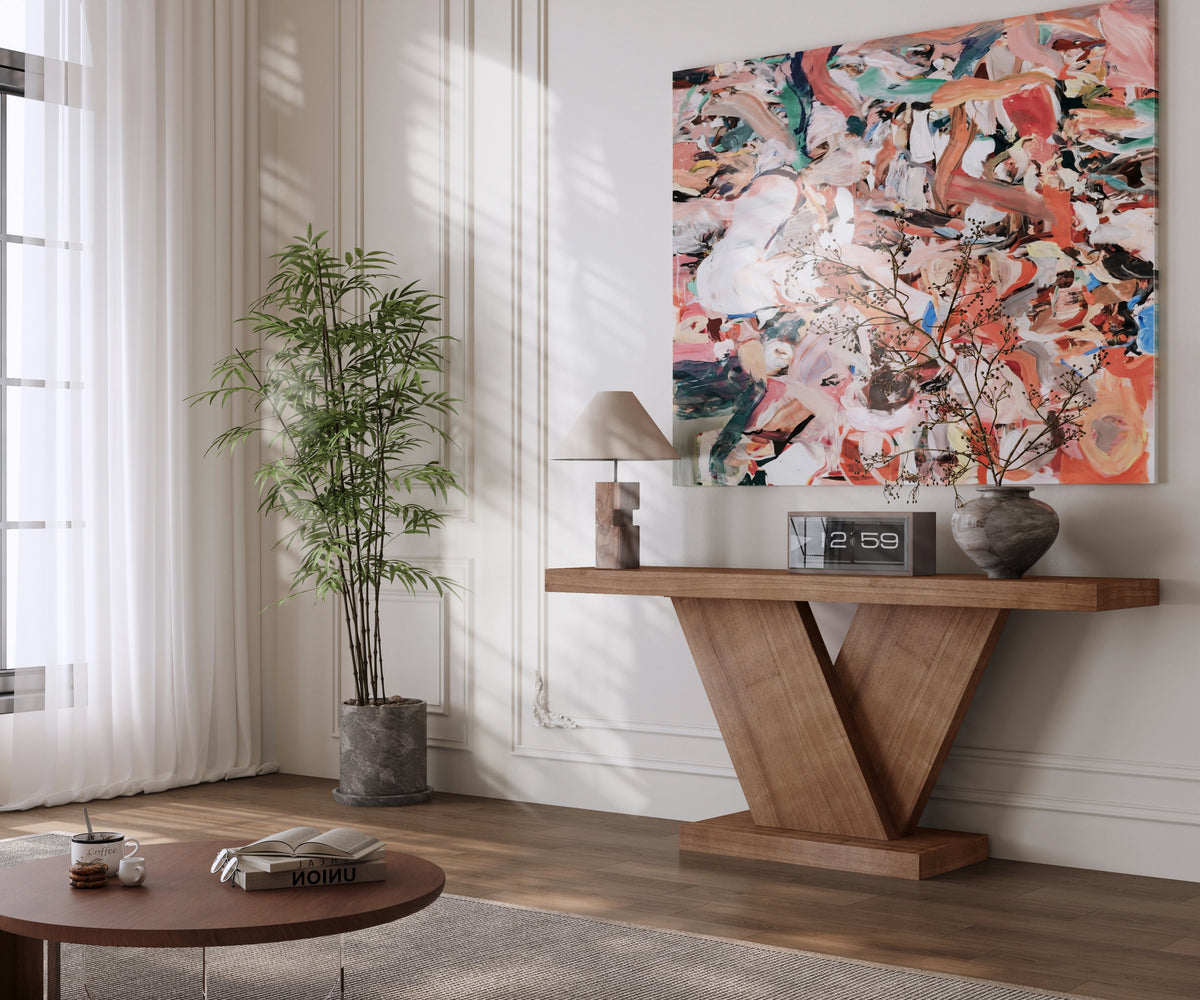 66" L Modern X-Leg Console Table with Solid Wood Veneer, Sturdy Entryway Hallway Table for Small Space, Mid-Century Narrow Sofa Table with Geometric Design & Wide Top - Sonkuki