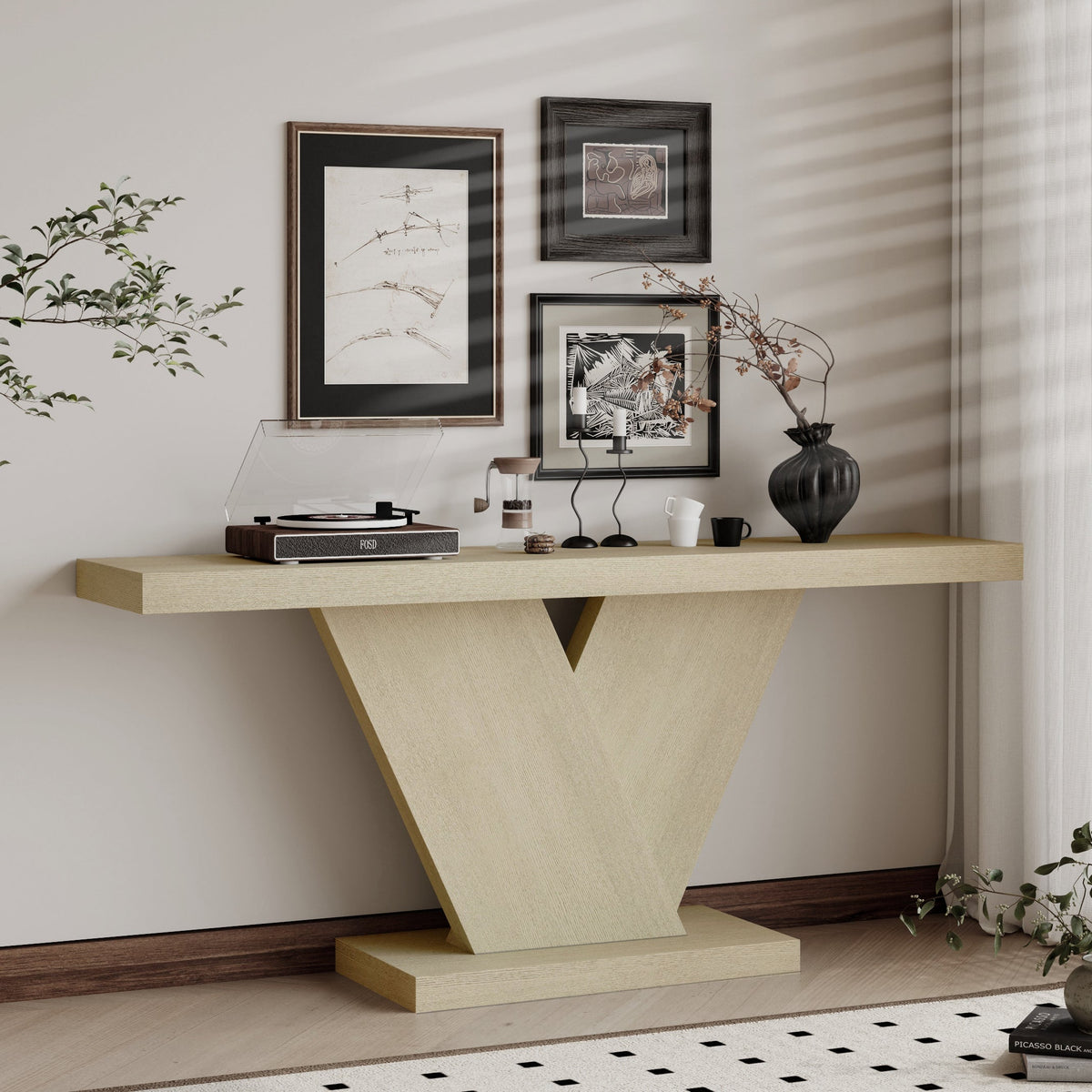 66" L Modern X-Leg Console Table with Solid Wood Veneer, Sturdy Entryway Hallway Table for Small Space, Mid-Century Narrow Sofa Table with Geometric Design & Wide Top - Sonkuki