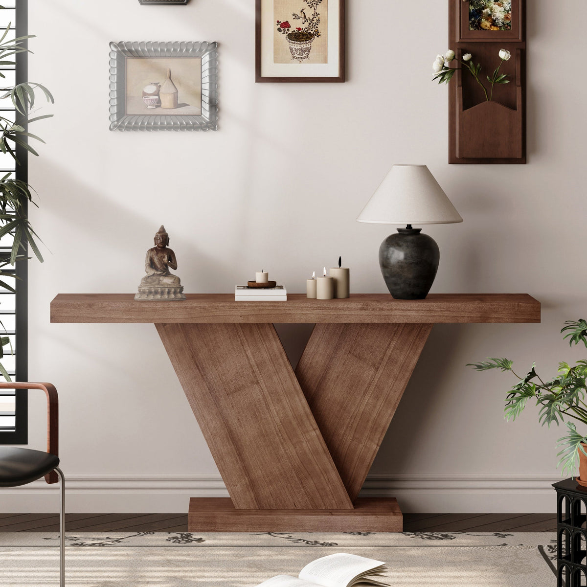 66" L Modern X-Leg Console Table with Solid Wood Veneer, Sturdy Entryway Hallway Table for Small Space, Mid-Century Narrow Sofa Table with Geometric Design & Wide Top - Sonkuki
