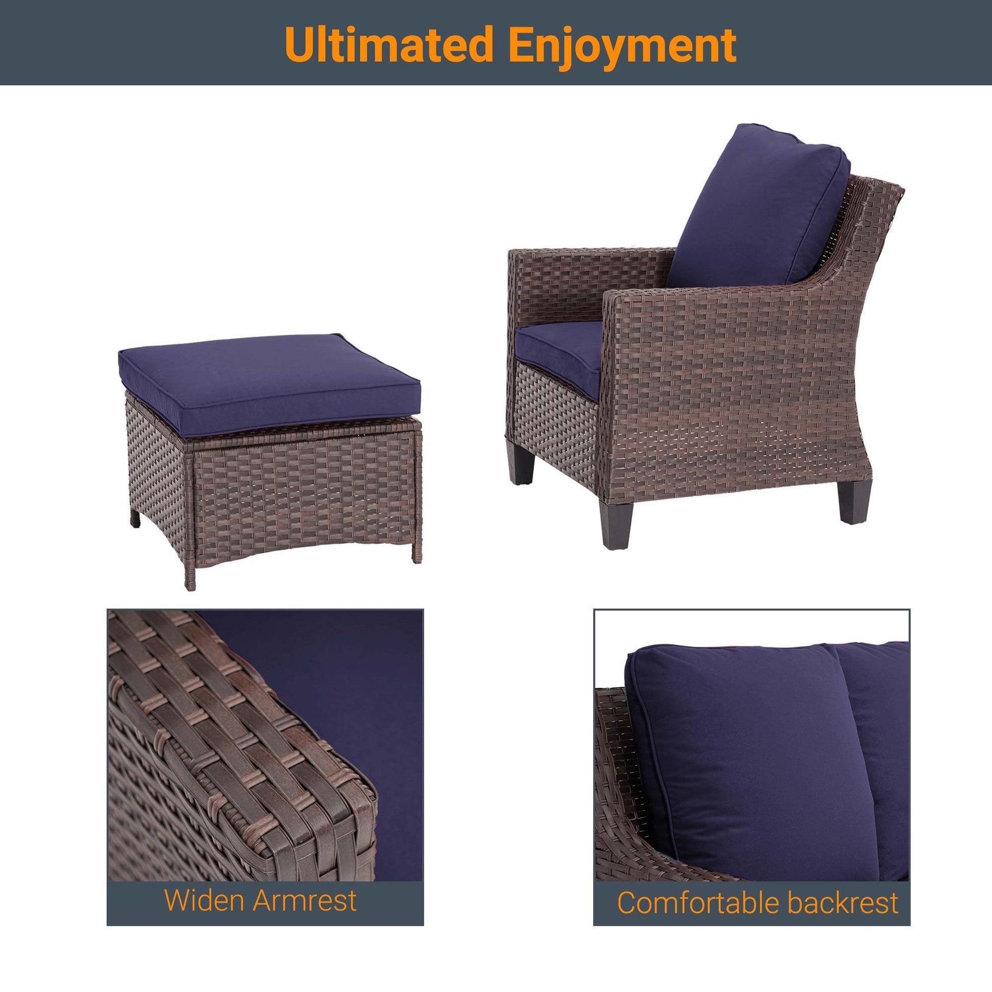 SONKUKI Patio Outdoor Furniture Set Brown Rattan Coversation Seating Set Thickening Cushions With 3-Seater, Ottomans for Lawn, Poolside.