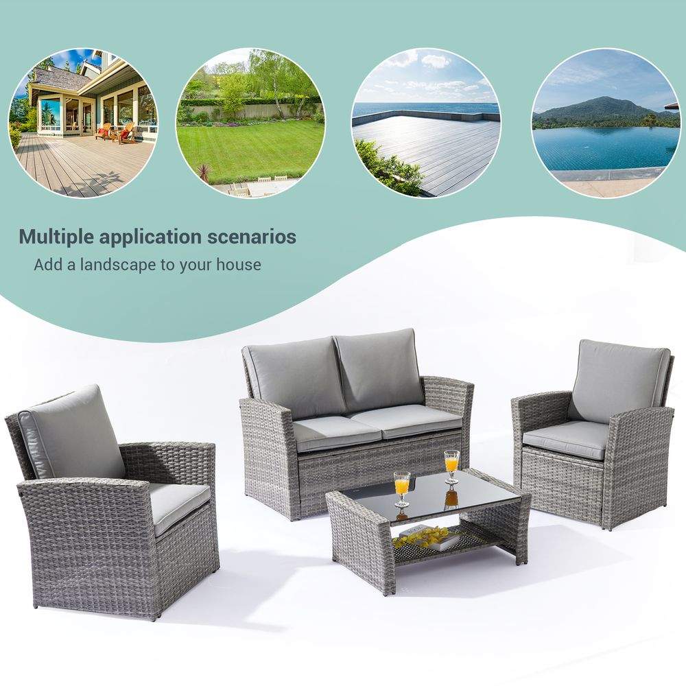 SONKUKI Outdoor Furniture 4-Piece Conversation Set Rattan Sectional Patio Sofa With Coffee Table and Loveseat - Sonkuki