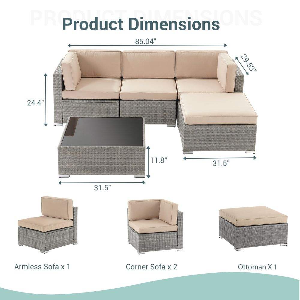 SONKUKI Outdoor Furniture 5 Pcs Sofa Sets Sectional PE Ratten Wicker All-Weather Couch - Sonkuki