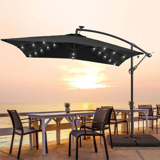 SONKUKI 8.2 x 8.2 Ft LED Square Offset Patio Outdoor Hanging Umbrellas With a Base/Stand - Sonkuki