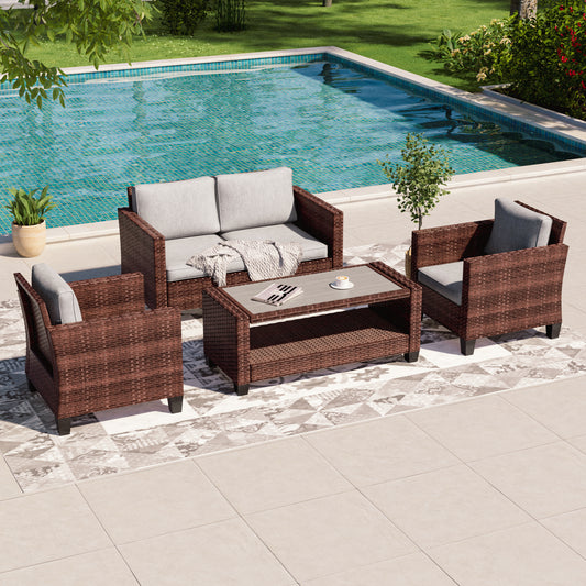 SONKUKI 4 Piece Wicker Patio Furniture Set, Outdoor Loveseat Sofa with Coffee Table, Outdoor Set with Removable Cushions