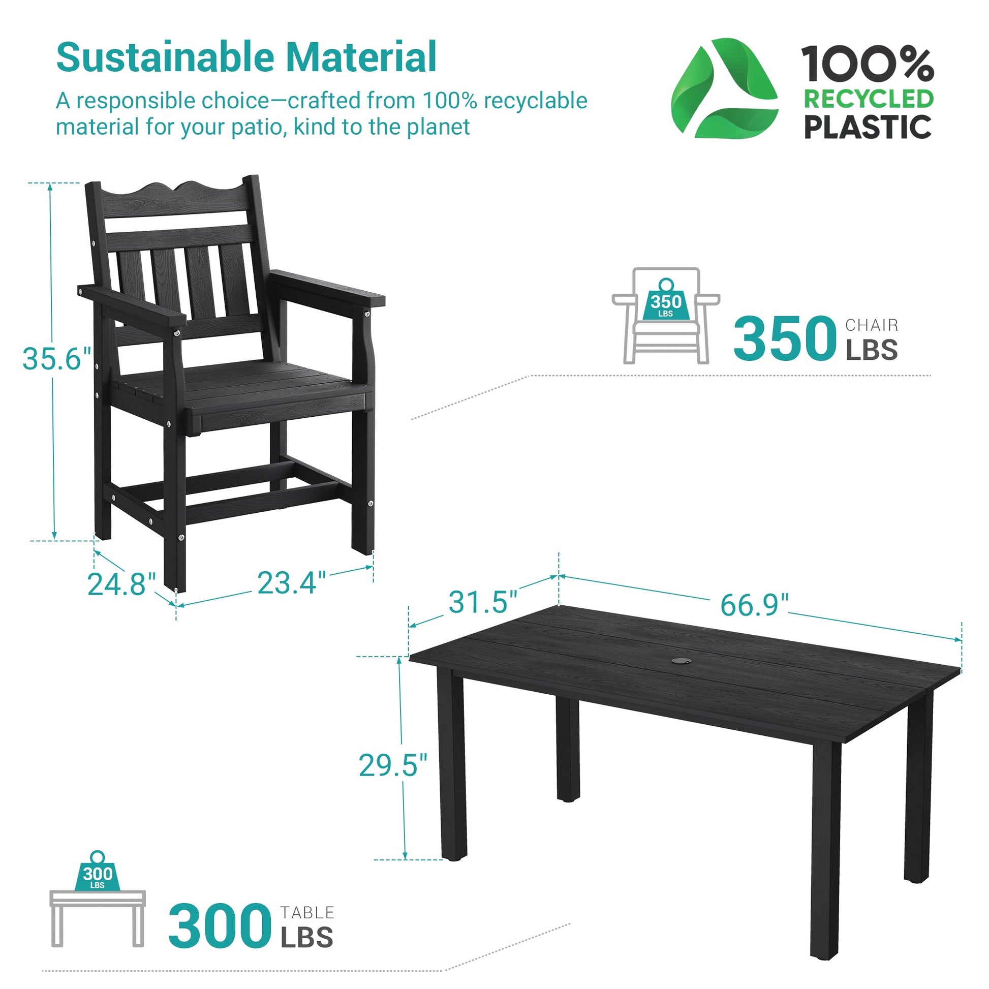 7 Piece Outdoor Dining Set HIPS Patio Furniture Rectangular Table and 6 Stackable Chairs with Umbrella Hole for Backyard - Sonkuki