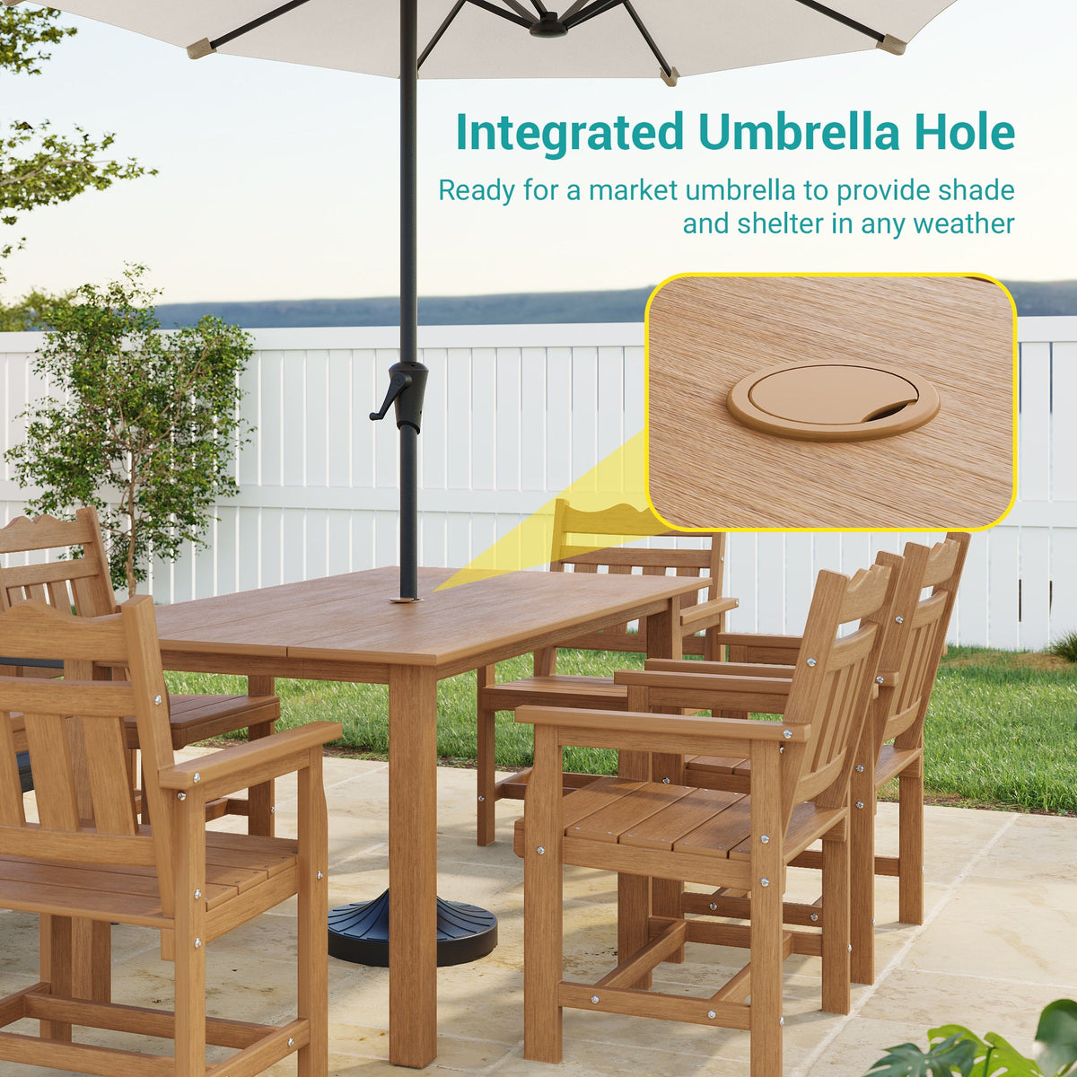 7 Piece Outdoor Dining Set HIPS Patio Furniture Rectangular Table and 6 Stackable Chairs with Umbrella Hole for Backyard - Sonkuki