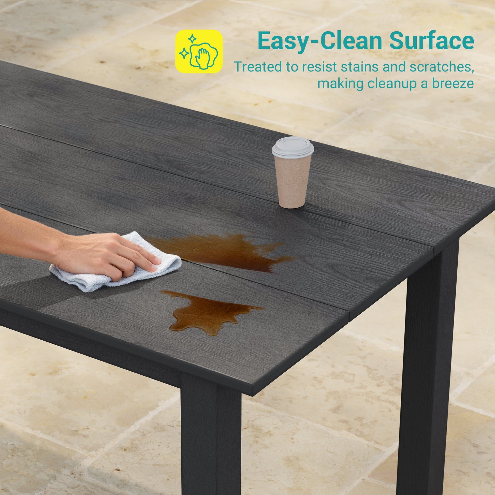 7 Piece Outdoor Dining Set HIPS Patio Furniture Rectangular Table and 6 Stackable Chairs with Umbrella Hole for Backyard - Sonkuki