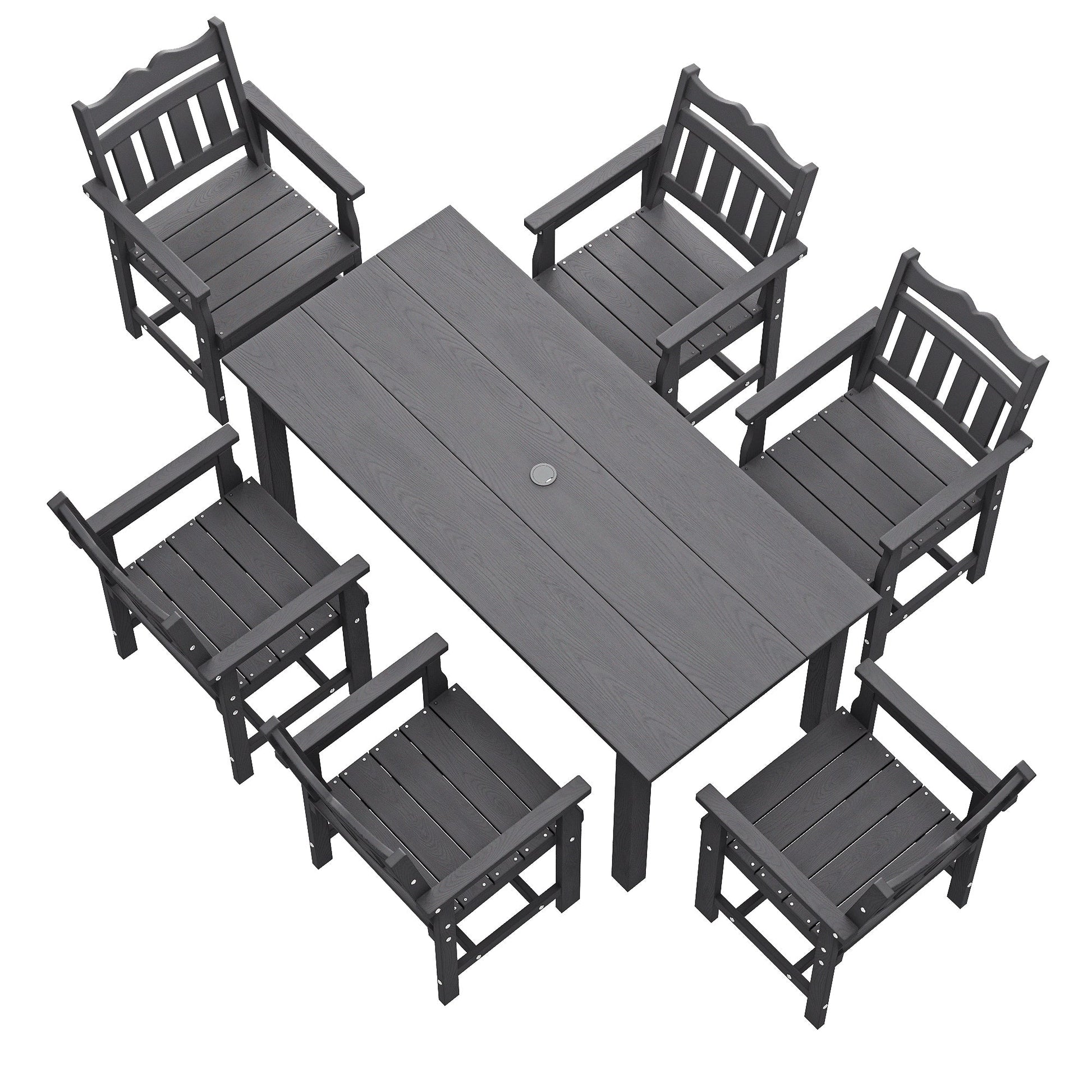 7 Piece Outdoor Dining Set HIPS Patio Furniture Rectangular Table and 6 Stackable Chairs with Umbrella Hole for Backyard - Sonkuki