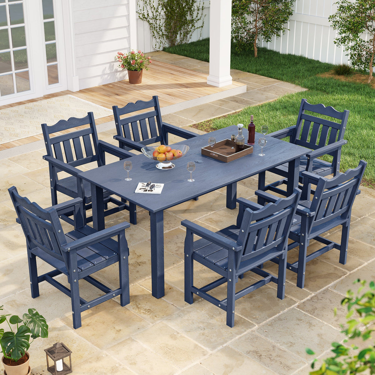 7 Piece Outdoor Dining Set HIPS Patio Furniture Rectangular Table and 6 Stackable Chairs with Umbrella Hole for Backyard - Sonkuki