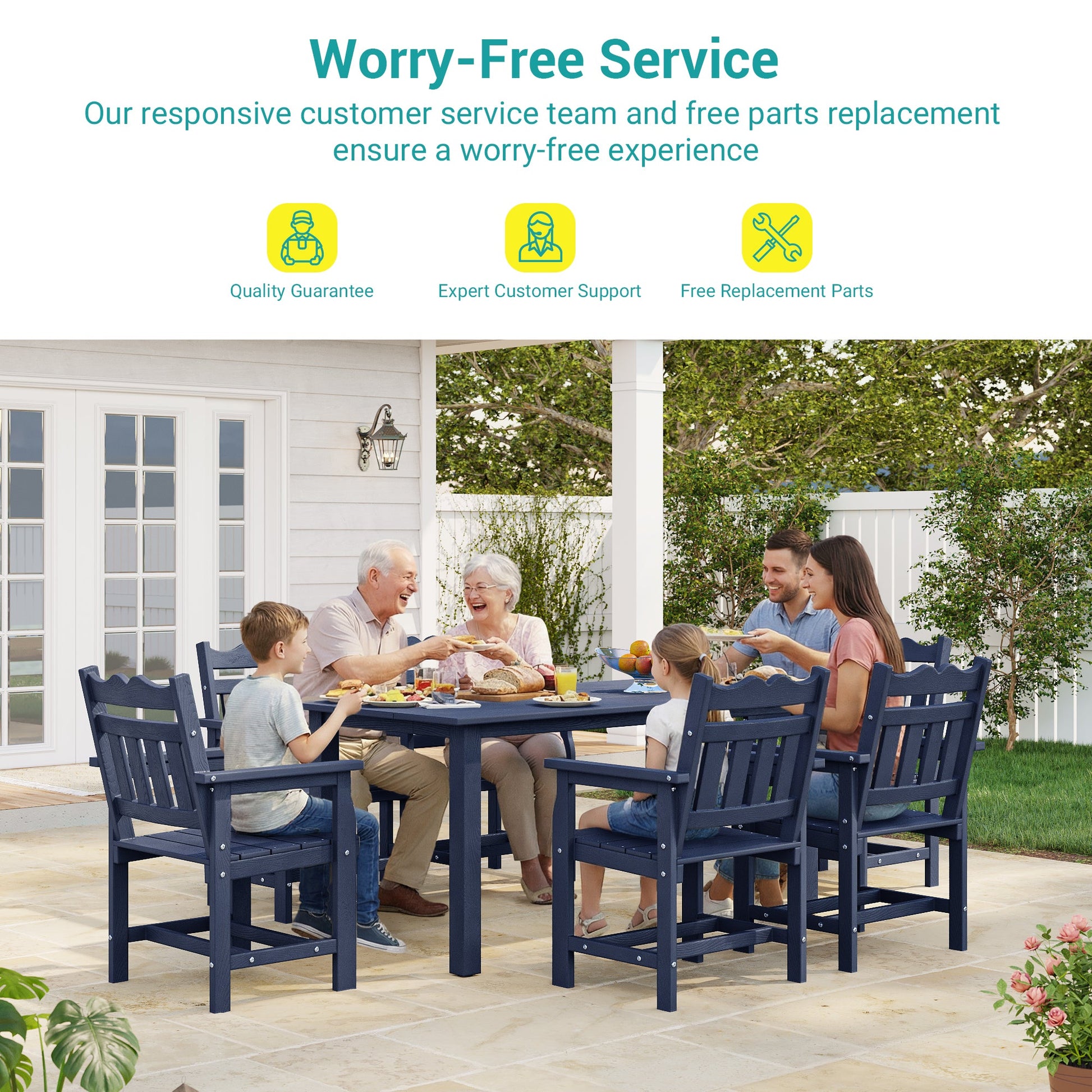 7 Piece Outdoor Dining Set HIPS Patio Furniture Rectangular Table and 6 Stackable Chairs with Umbrella Hole for Backyard - Sonkuki