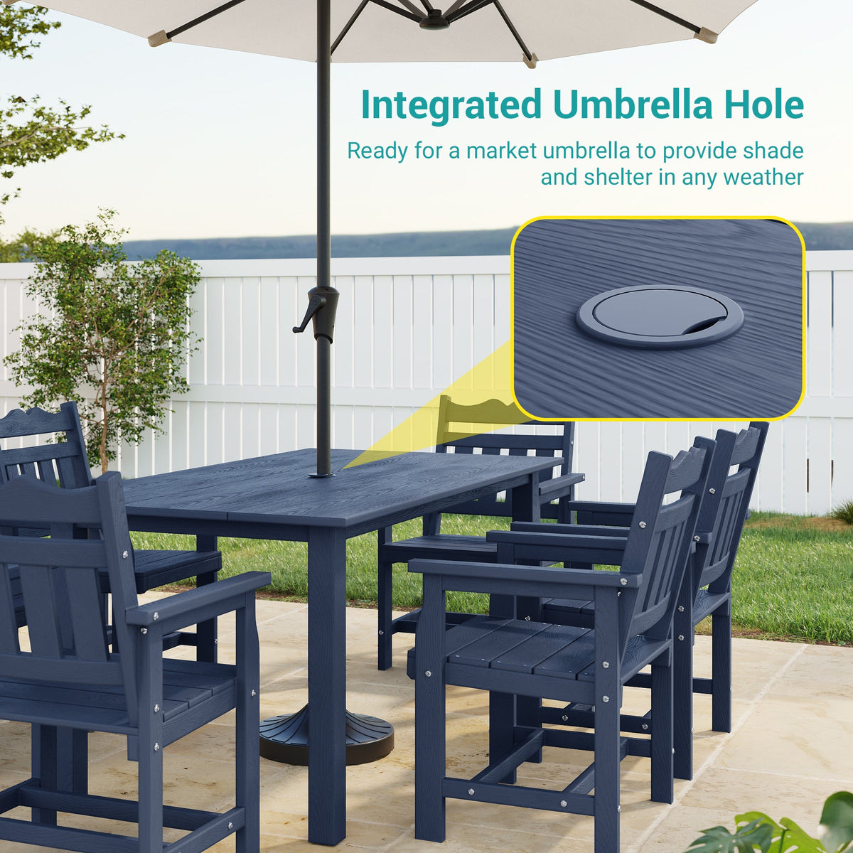 7 Piece Outdoor Dining Set HIPS Patio Furniture Rectangular Table and 6 Stackable Chairs with Umbrella Hole for Backyard - Sonkuki