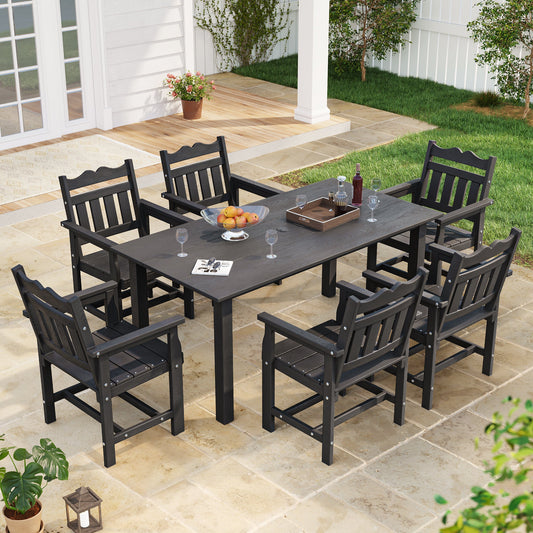 7 Piece Outdoor Dining Set HIPS Patio Furniture Rectangular Table and 6 Stackable Chairs with Umbrella Hole for Backyard - Sonkuki