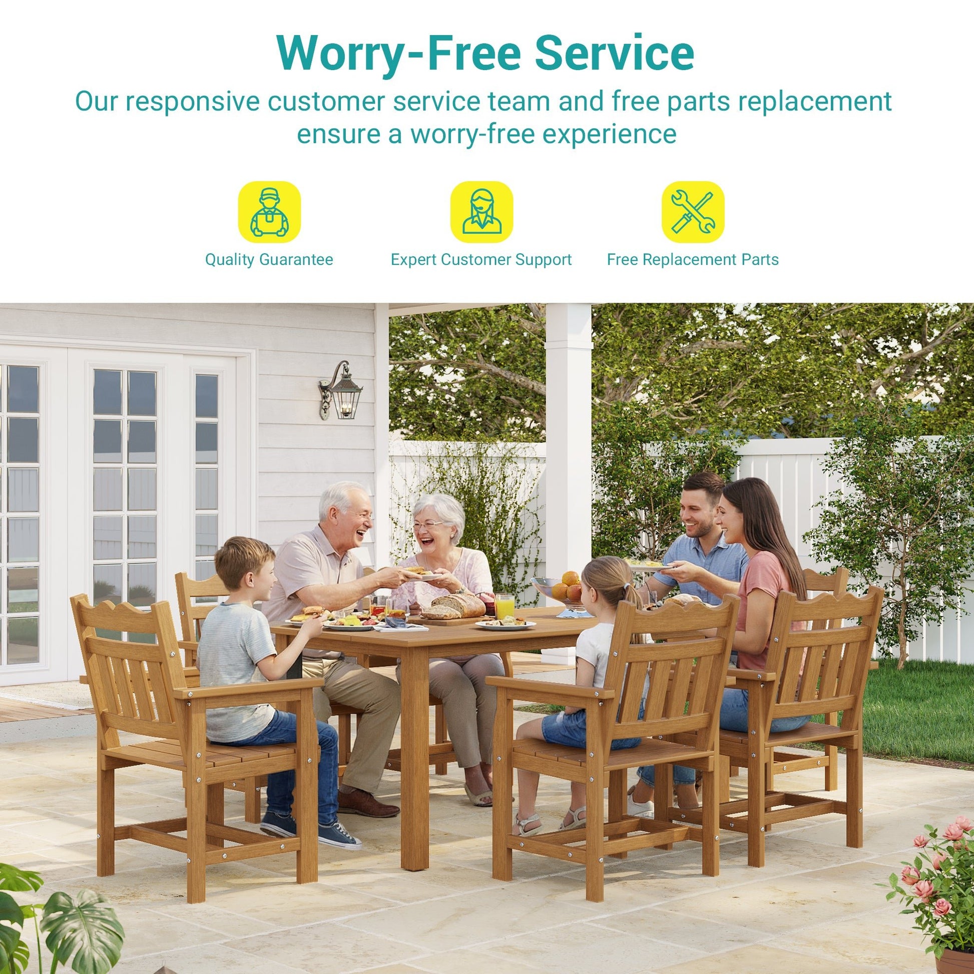 7 Piece Outdoor Dining Set HIPS Patio Furniture Rectangular Table and 6 Stackable Chairs with Umbrella Hole for Backyard - Sonkuki