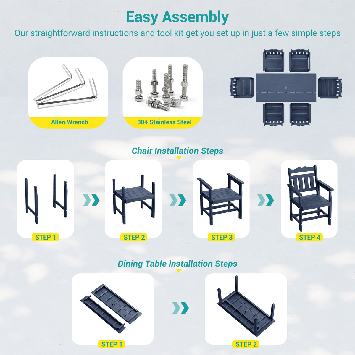 7 Piece Outdoor Dining Set HIPS Patio Furniture Rectangular Table and 6 Stackable Chairs with Umbrella Hole for Backyard - Sonkuki