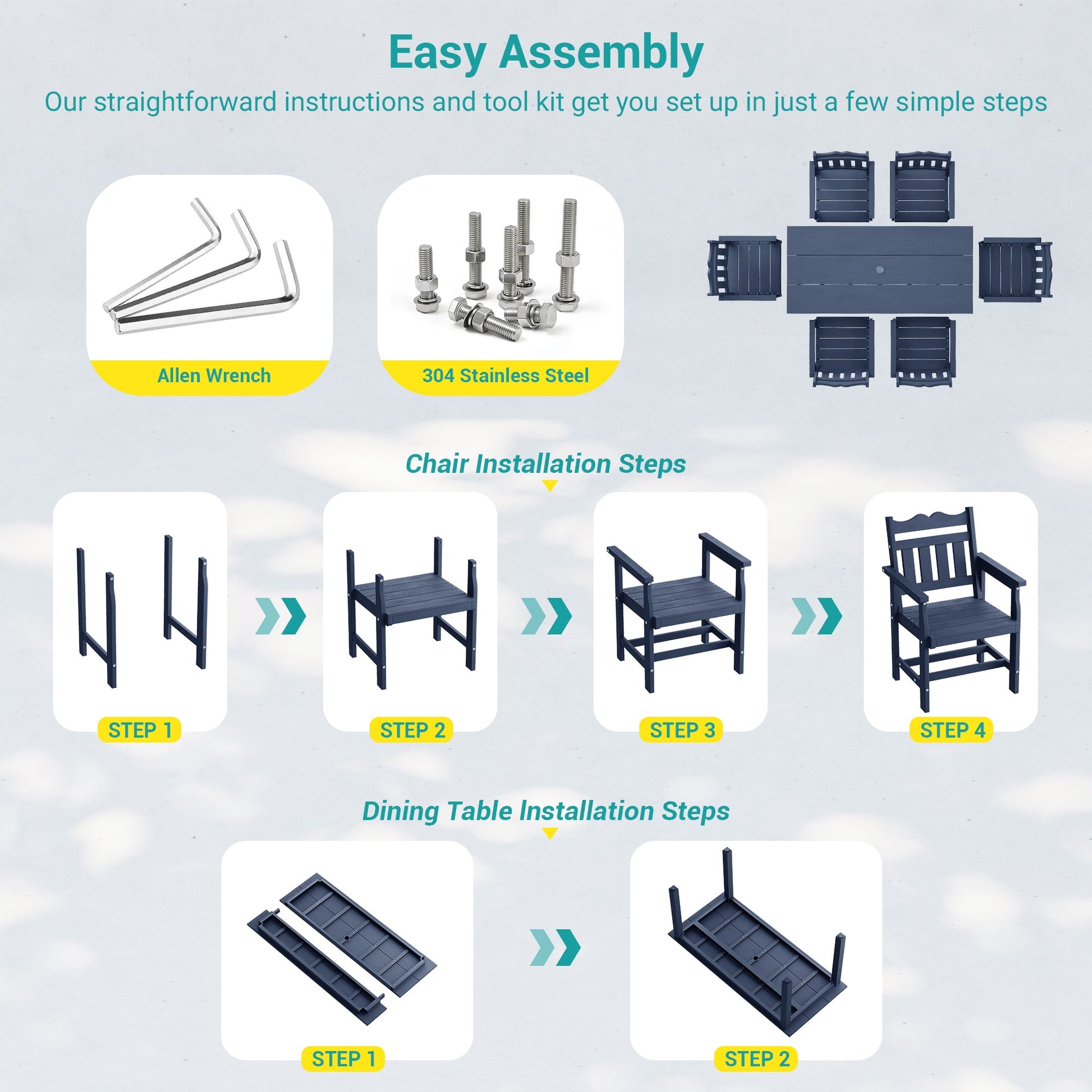 7 Piece Outdoor Dining Set HIPS Patio Furniture Rectangular Table and 6 Stackable Chairs with Umbrella Hole for Backyard - Sonkuki
