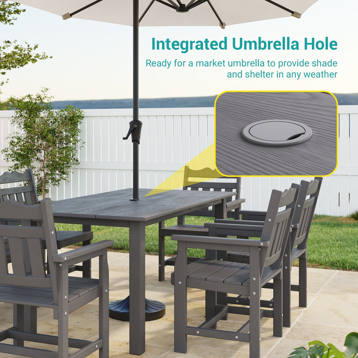7 Piece Outdoor Dining Set HIPS Patio Furniture Rectangular Table and 6 Stackable Chairs with Umbrella Hole for Backyard - Sonkuki