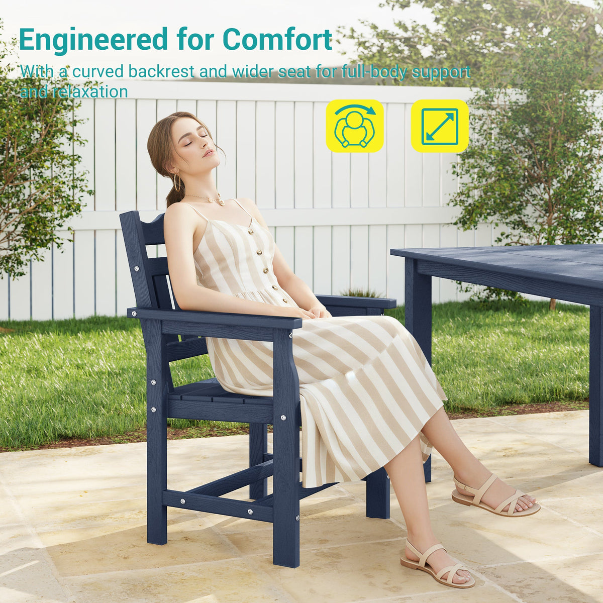 7 Piece Outdoor Dining Set HIPS Patio Furniture Rectangular Table and 6 Stackable Chairs with Umbrella Hole for Backyard - Sonkuki