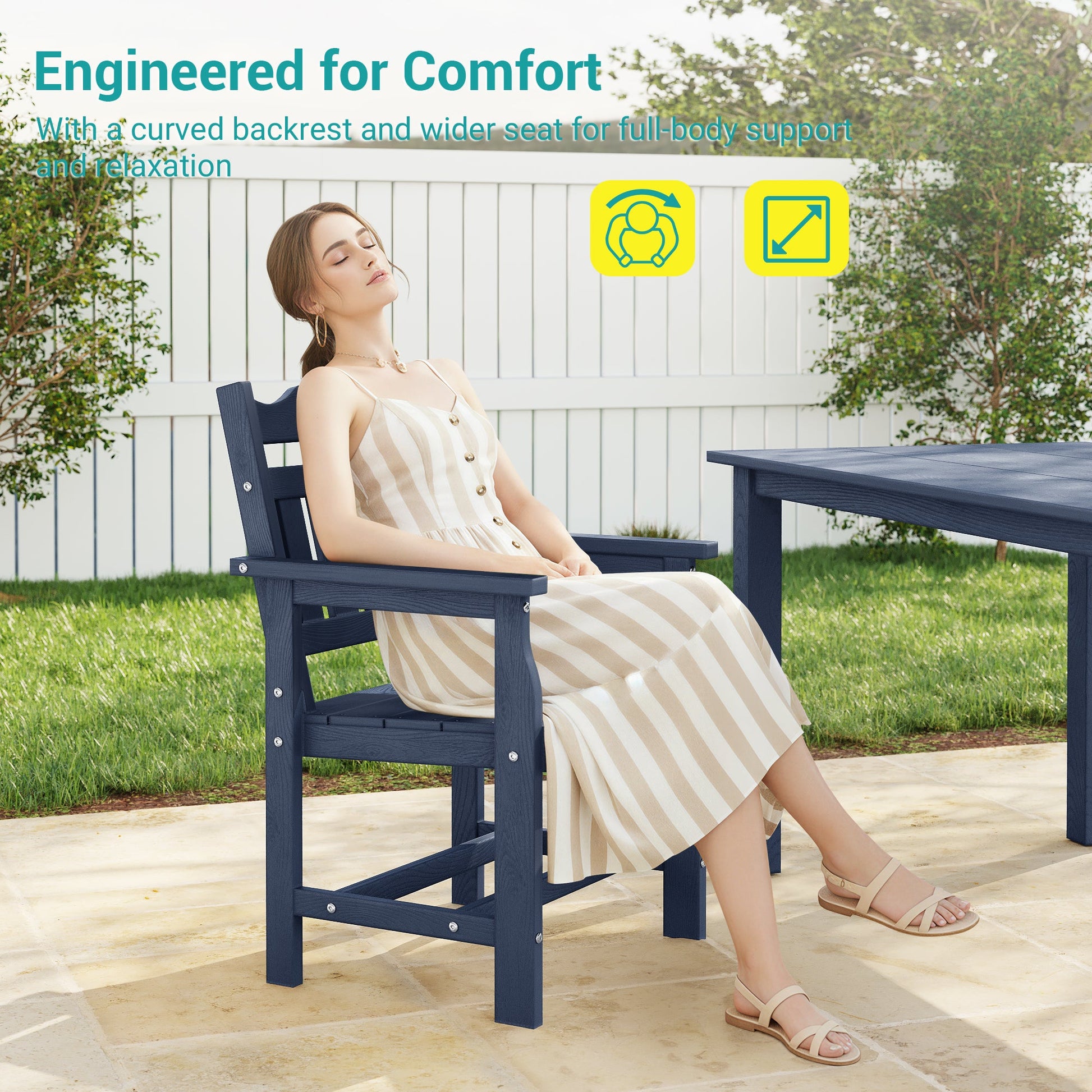 7 Piece Outdoor Dining Set HIPS Patio Furniture Rectangular Table and 6 Stackable Chairs with Umbrella Hole for Backyard - Sonkuki